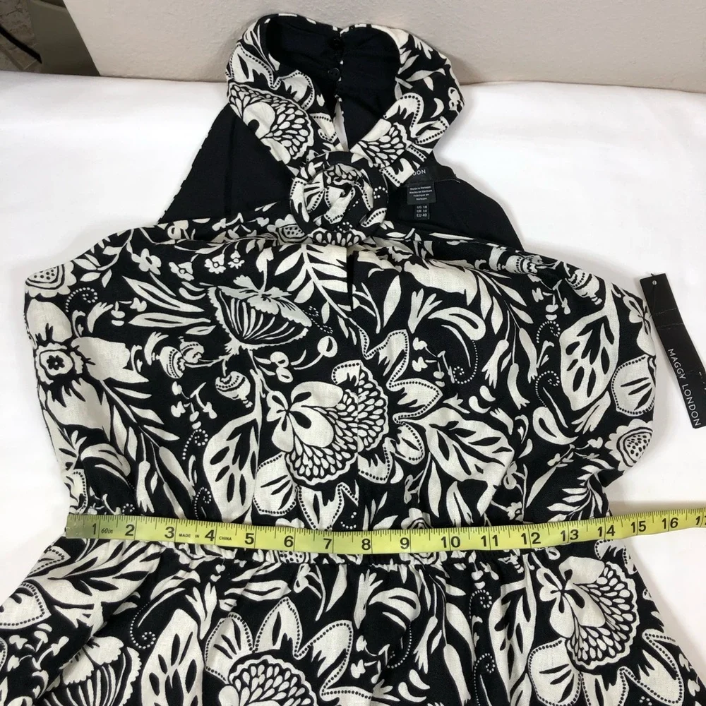 Maggy London Linen Blend Black Cream Floral Halter Pockets Lined Midi Dress 10 - Picture 14 of 16